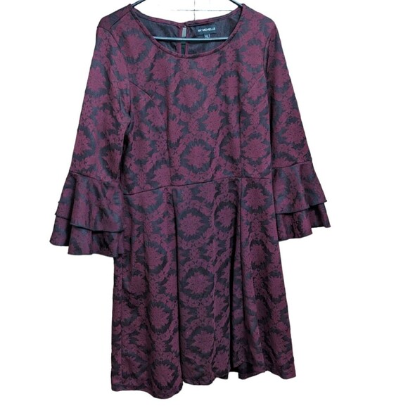 My Michelle Knee Dress Women's 2XL Feminine Layered Flare Sleeve Black Wine - Picture 1 of 8
